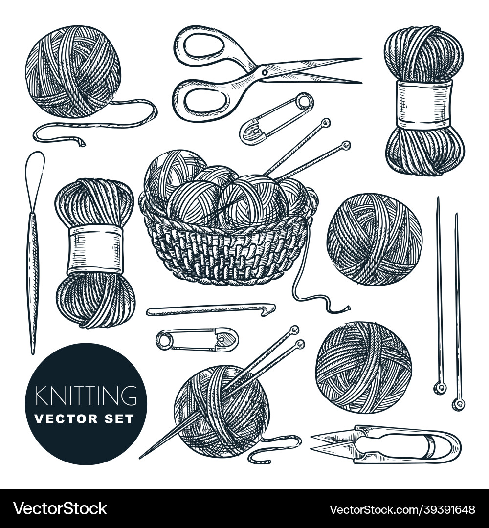 Knitting tools wool yarn isolated on white vector image