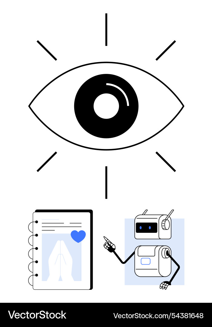 Large eye with radiating lines robot pointing Large eye with radiating lines robot pointing Vector Image