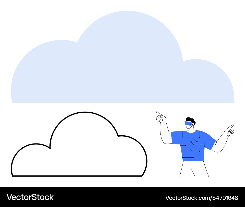 Man pointing to large cloud symbols representing Man pointing to large cloud symbols representing vector image