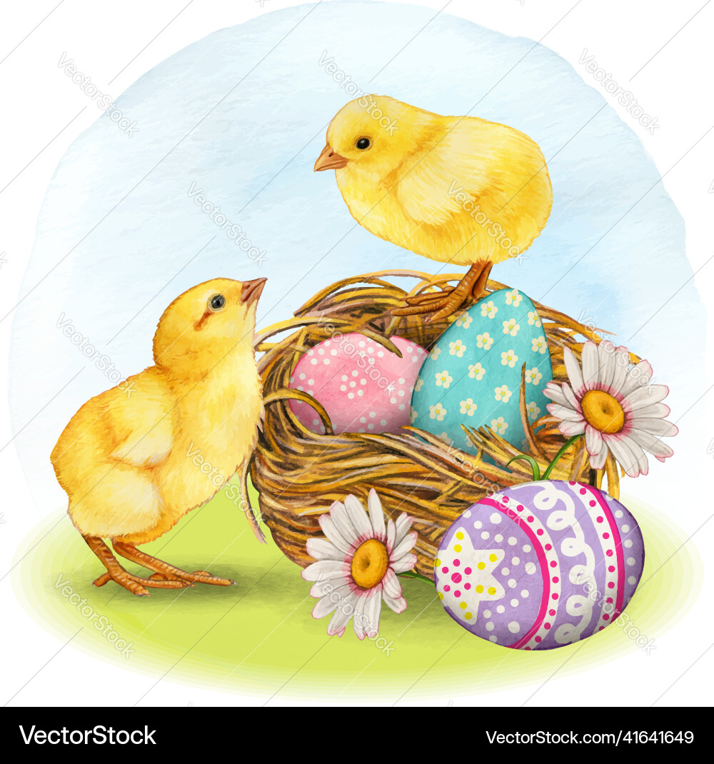 Aquarell niedliche Chicke Nicht-Nest mit Wascheier Aquarell niedliche Chicke Nicht-Nest mit Wascheier vektorbild