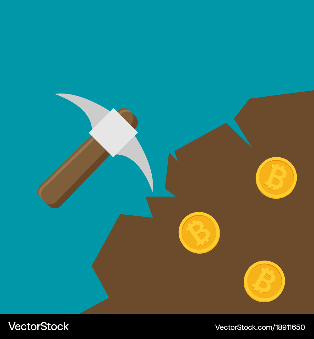 Bitcoin mining concept with pickaxe and coin flat Vector Image