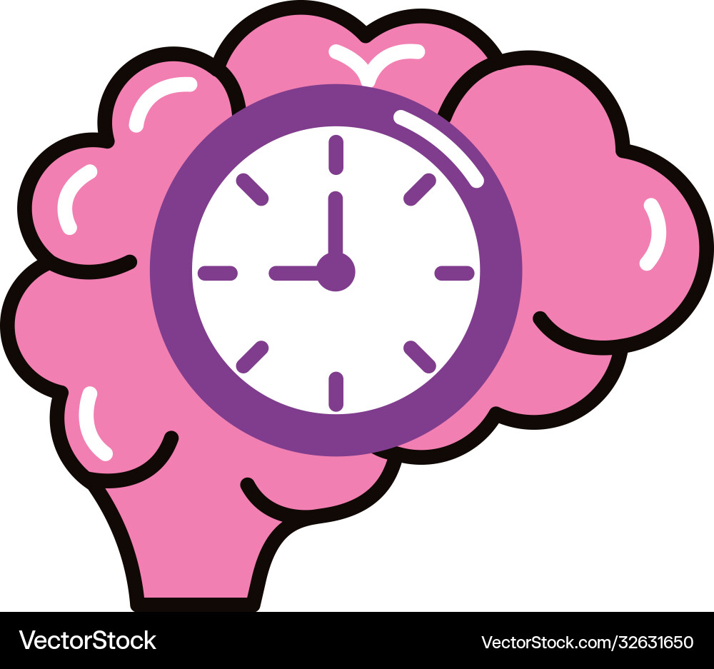 Brain human with time clock line and fill style Vector Image