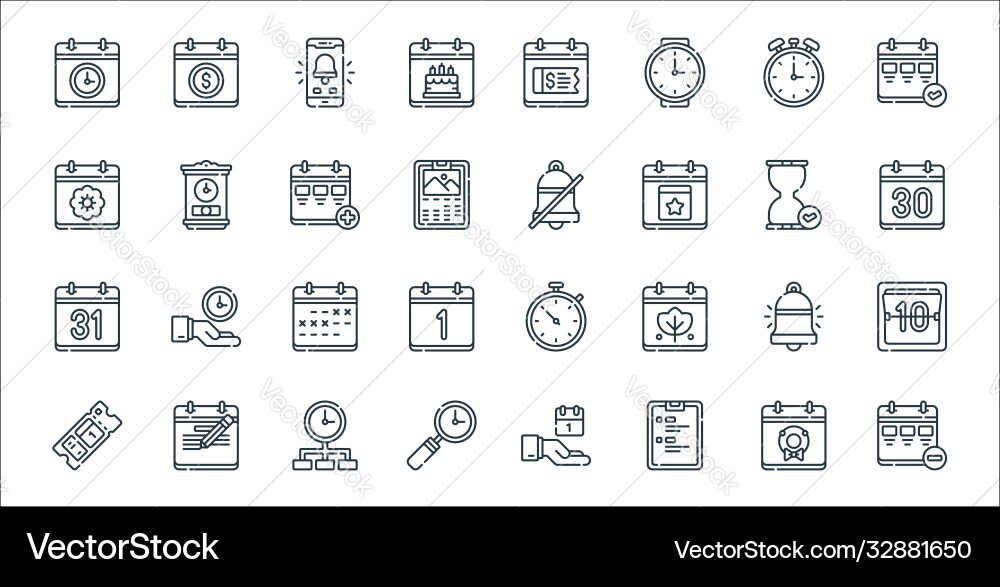 Calendar and date line icons linear set quality vector image