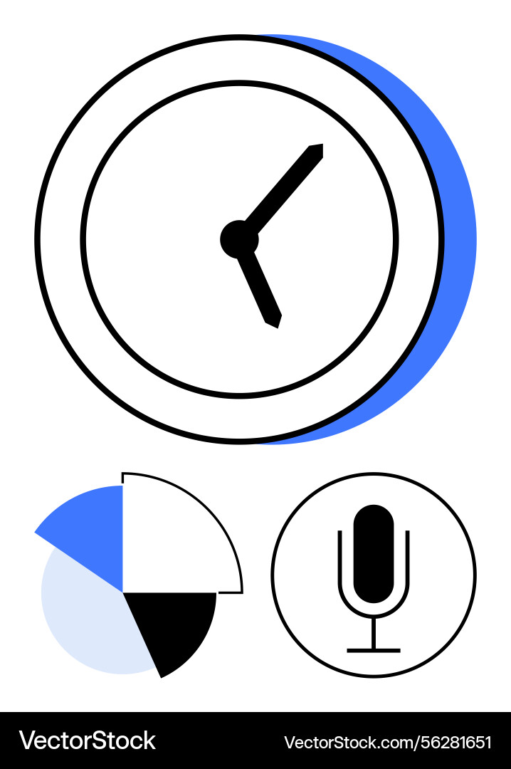 Clock with pie chart and microphone representing Clock with pie chart and microphone representing vector image