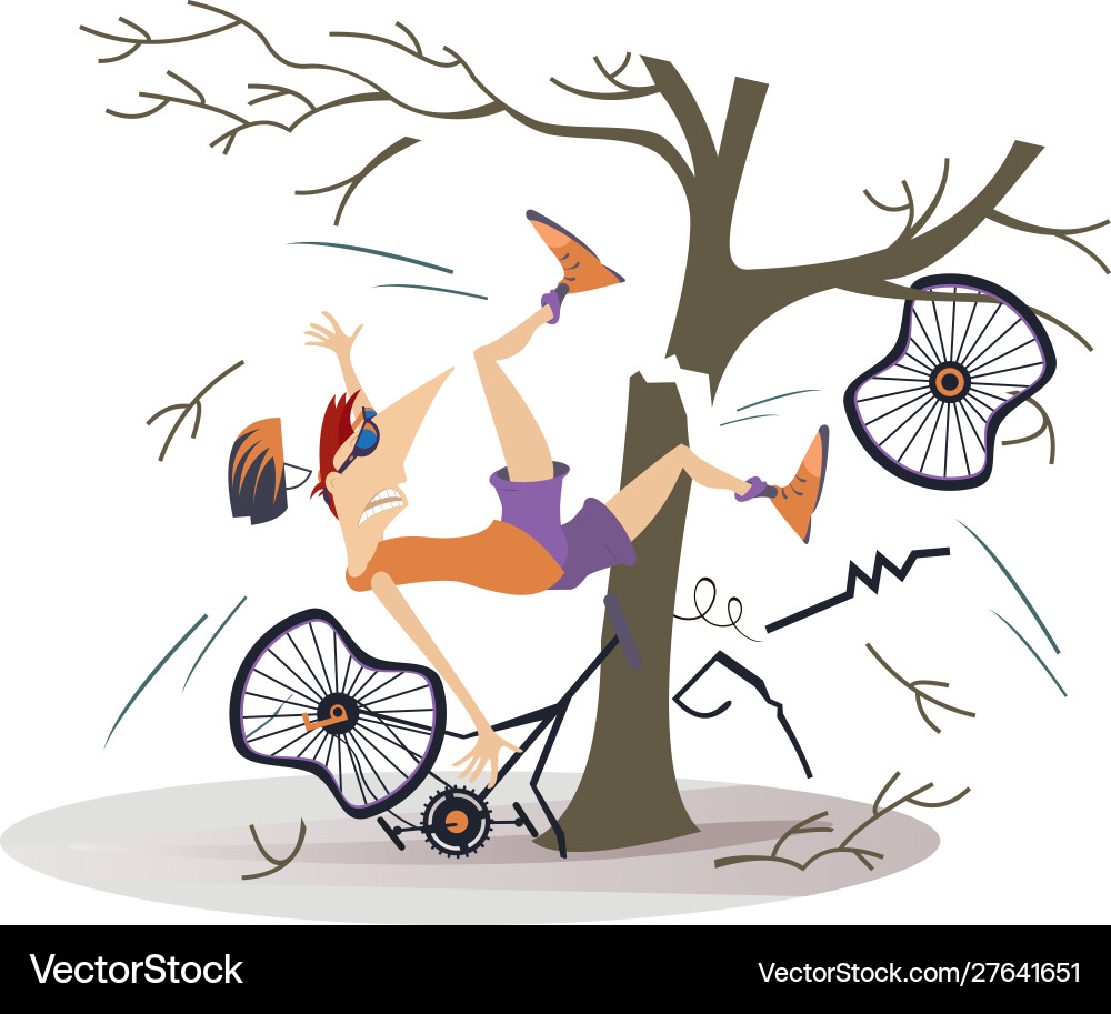 Cyclist smashed into a tree isolated Vector Image
