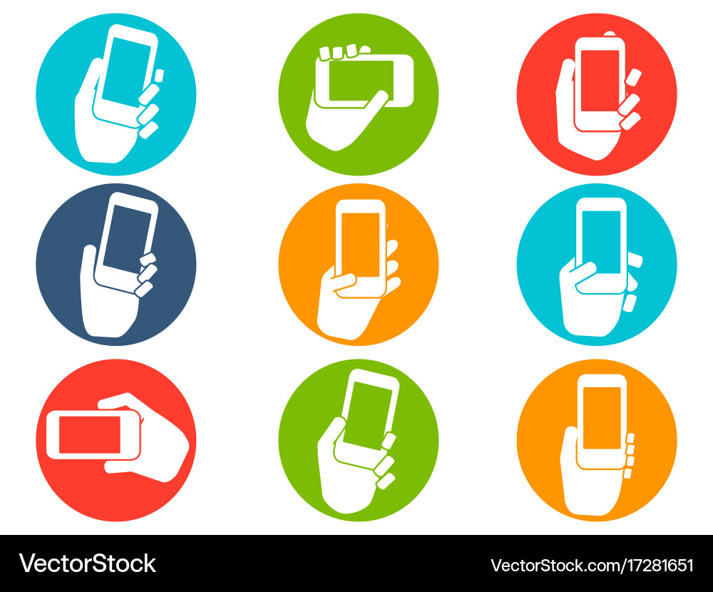 Hands holding mobile phone icons buttons set Vector Image