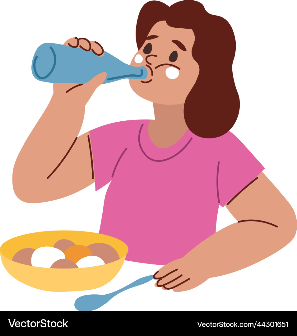 Kid eating healthy food drinking bottled water Kid eating healthy food drinking bottled water vector image