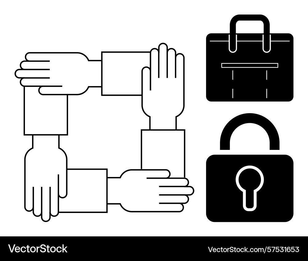 Hands joining in a square with briefcase and lock vector image