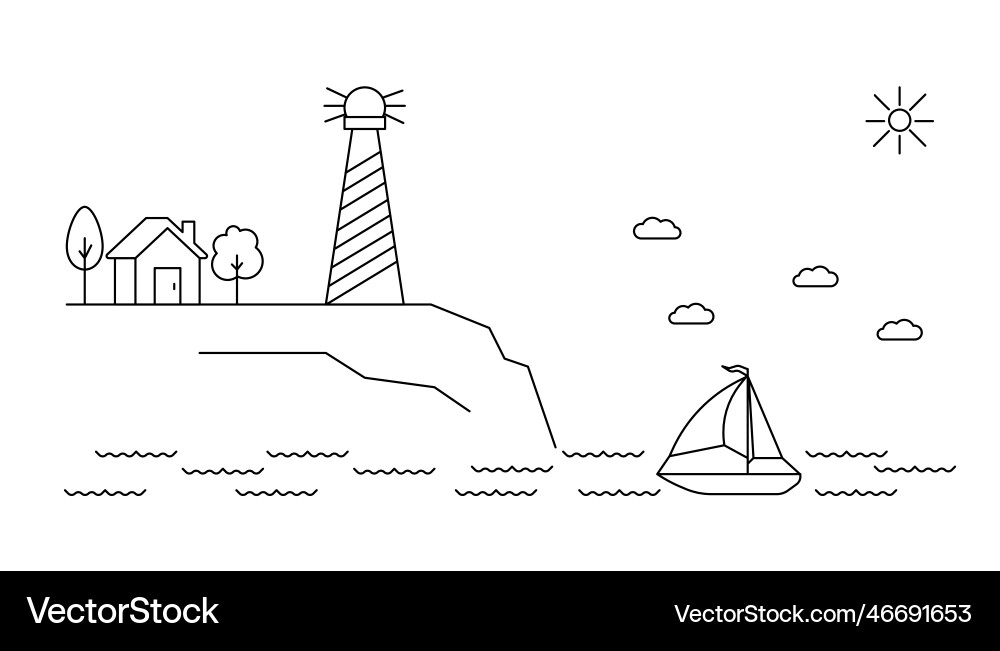 Leuchtturm an der Küste und Schiff an der Meereslandschaft Leuchtturm an der Küste und Schiff an der Meereslandschaft vektorbild