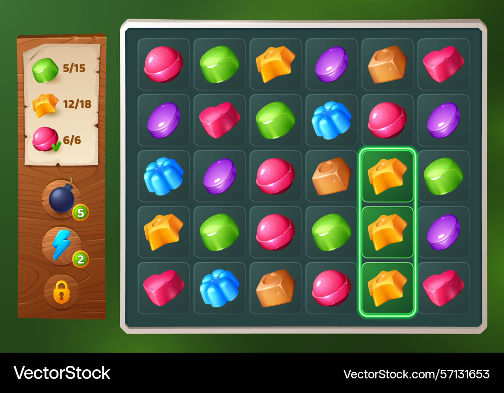 Match 3 candy game ui interface background vector image