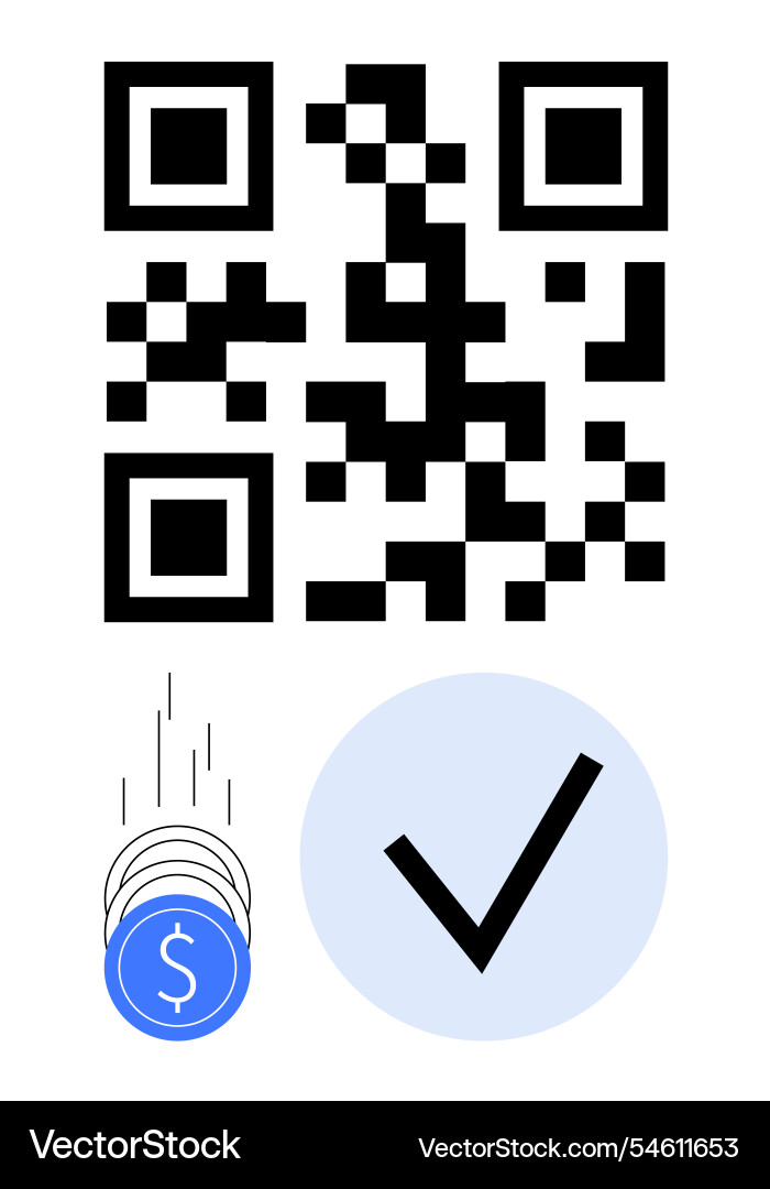 Qr code with falling coins and check mark Qr code with falling coins and check mark vector image