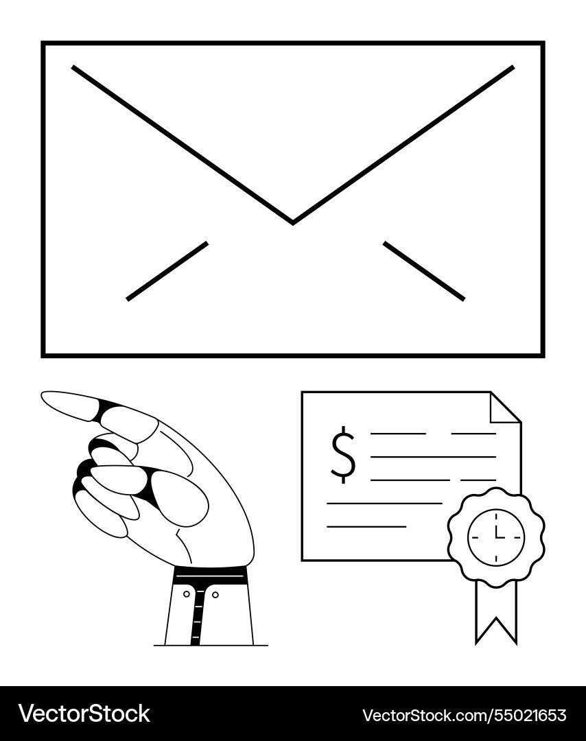 Robotic hand pointing at mail envelope and check Robotic hand pointing at mail envelope and check Vector Image