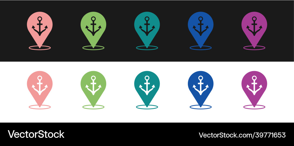 Set map pointer with anchor icon isolated on black Set map pointer with anchor icon isolated on black Vector Image