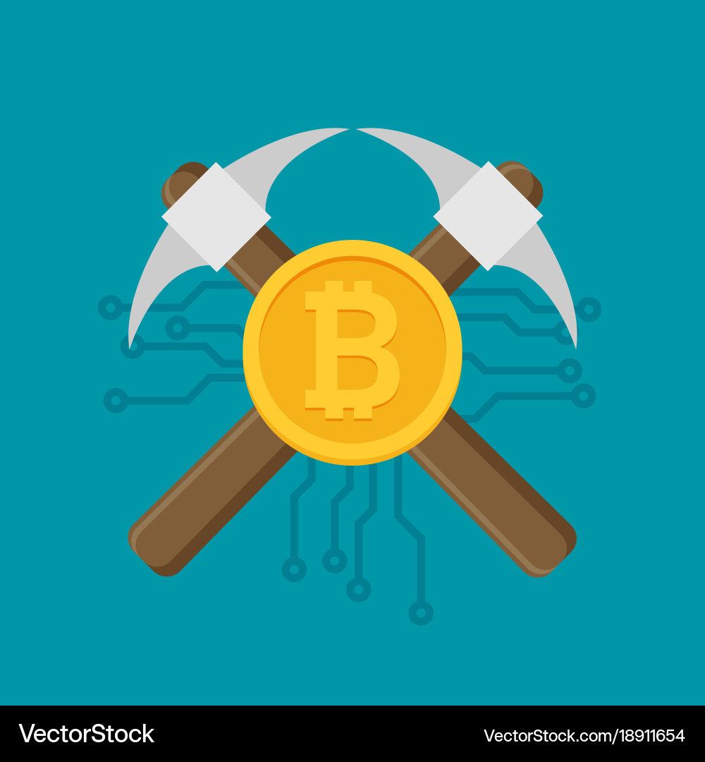 Bitcoin mining concept with pickaxe and coin flat vector image