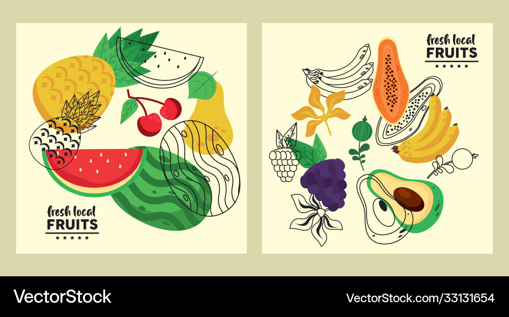 Fresh local fruits set patterns in yellow Fresh local fruits set patterns in yellow vector image