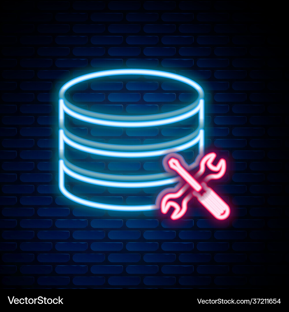 Glowing neon line database server with screwdriver Vector Image
