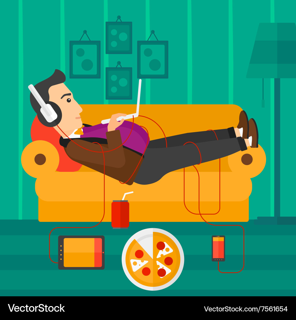 Man lying on sofa with many gadgets Vector Image