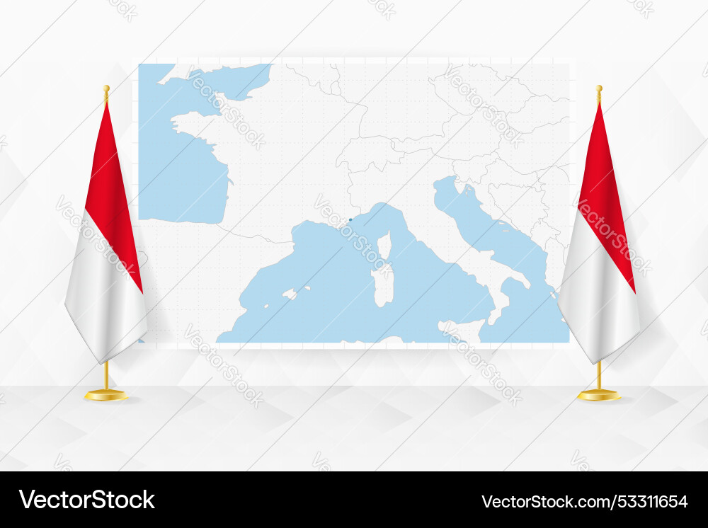 Map of monaco and flags on flag stand vector image