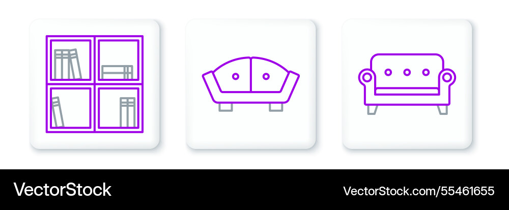 Set line sofa shelf with books and icon Set line sofa shelf with books and icon Vector Image