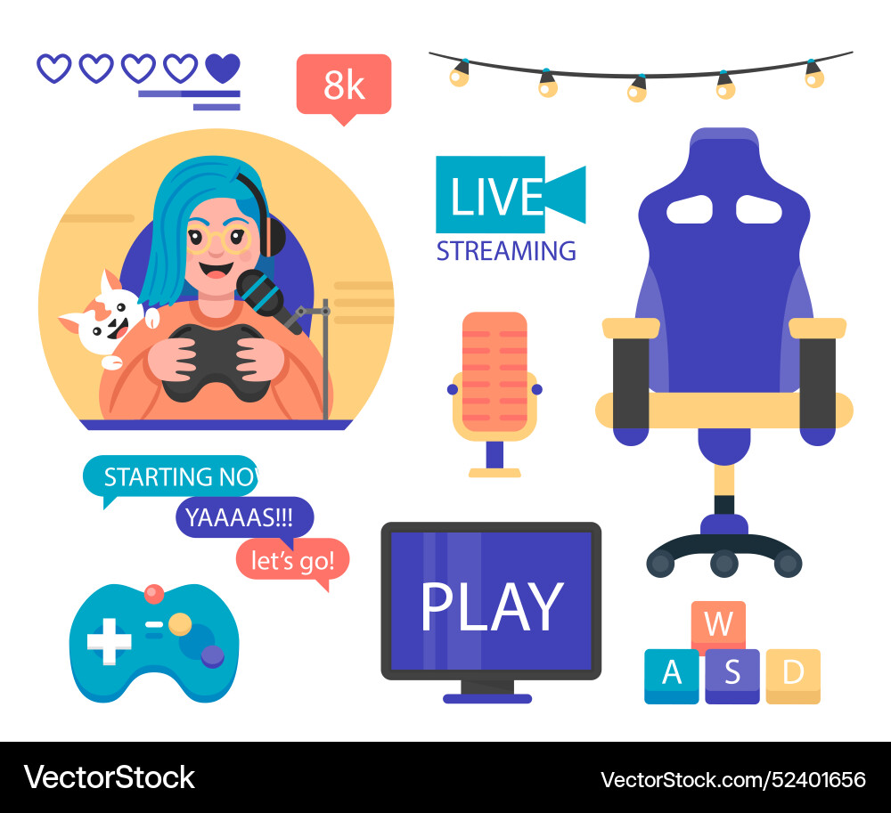 Flat game streamer elements collection vector image