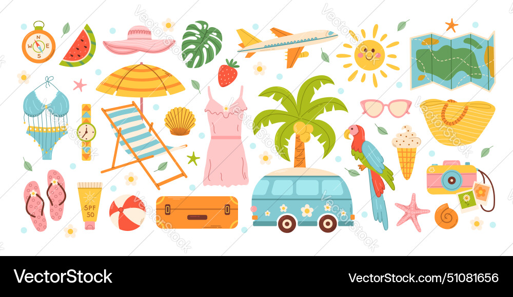 Set cute summer beach elements vacation Royalty Free Vector