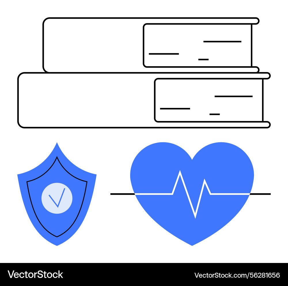 Stack of books with shield and heartbeat line Stack of books with shield and heartbeat line vector image