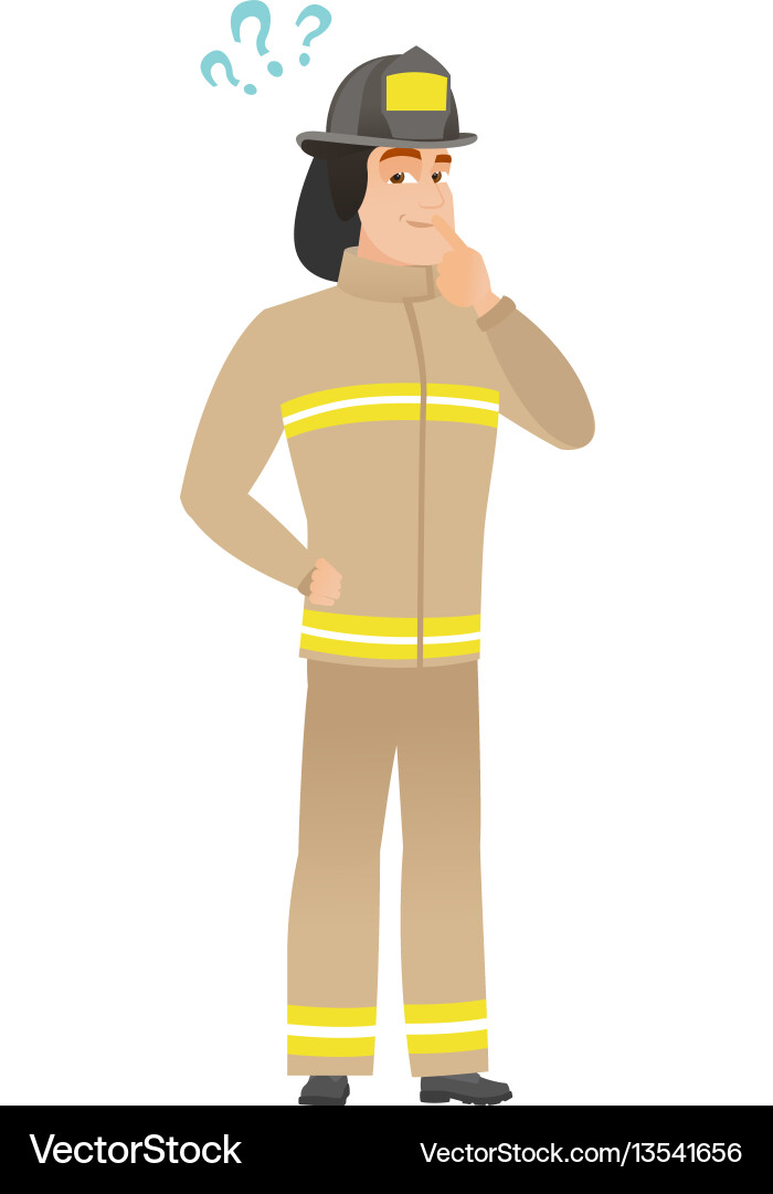 Thinking firefighter with question marks vector image