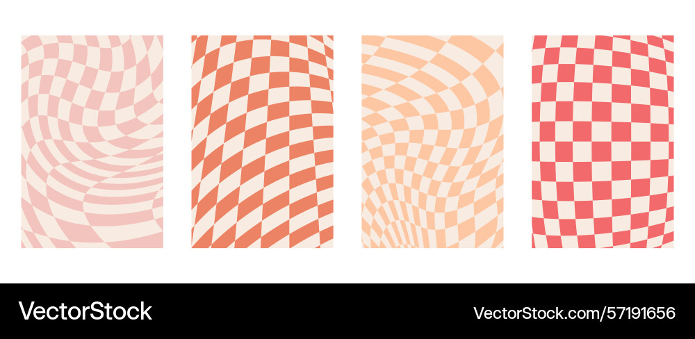 Wavy groovy distorted checkered background set Vector Image