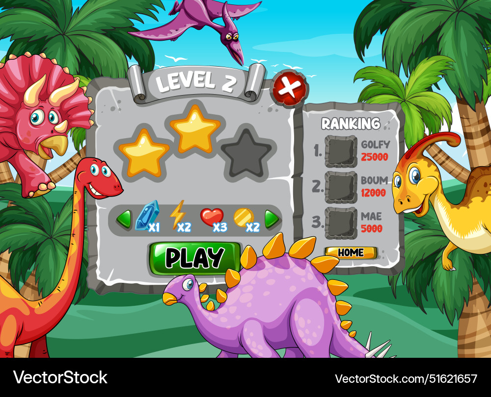 Colorful dinosaurs in a game level interface Vector Image