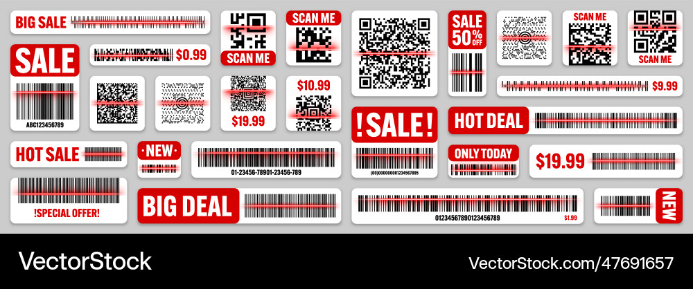 Product barcodes and qr codes with red scanning Product barcodes and qr codes with red scanning vector image