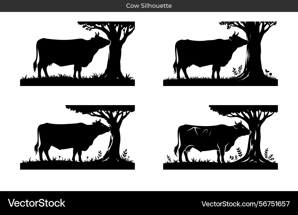 Silhouettes of cows grazing by trees in fields Vector Image