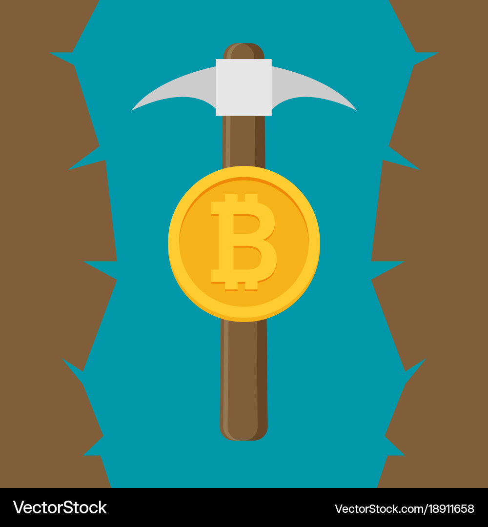 Bitcoin mining concept with pickaxe and coin flat vector image