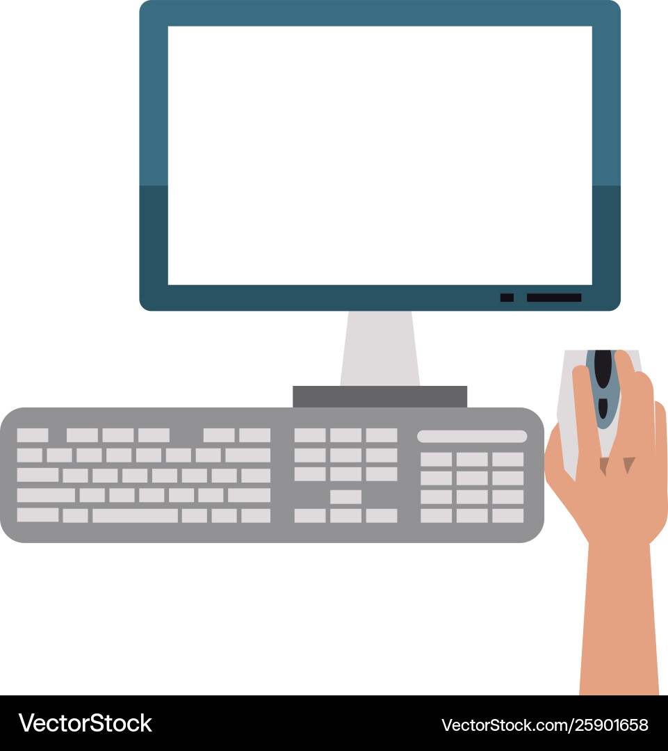 Hand mit Schreibtischcomputer mit Mausmonitor Vektorbild