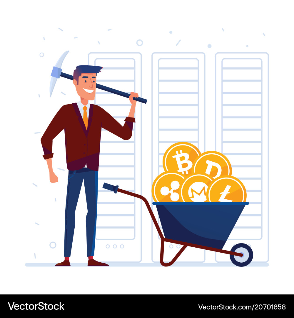 Man with pickaxe and barrow full of crypto coins Man with pickaxe and barrow full of crypto coins vector image