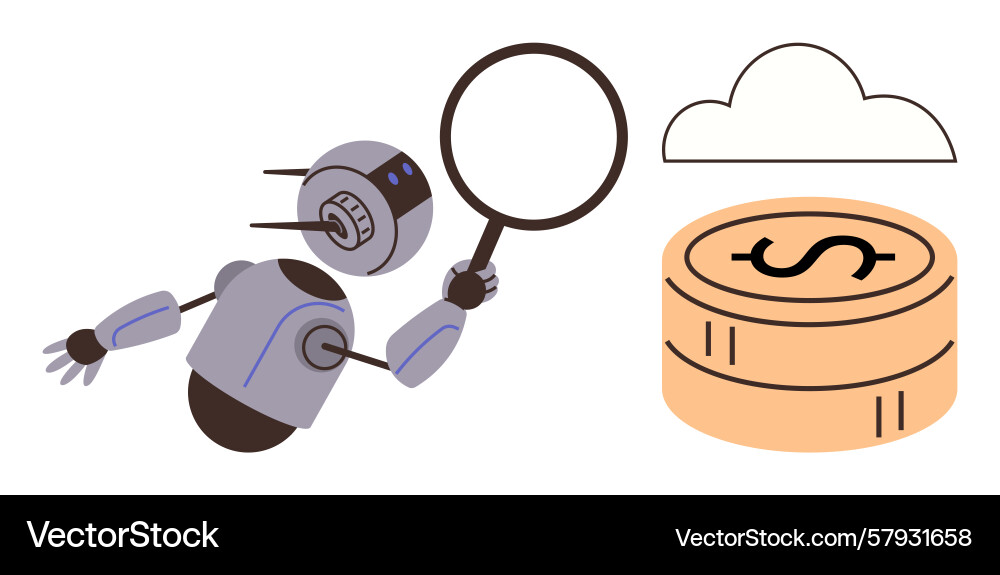Robot with magnifying glass analyzing cloud-based Robot with magnifying glass analyzing cloud-based Vector Image