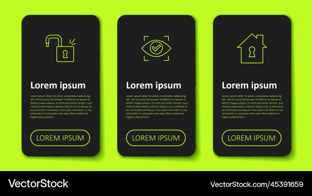 Set line open padlock eye scan and house under Set line open padlock eye scan and house under Vector Image