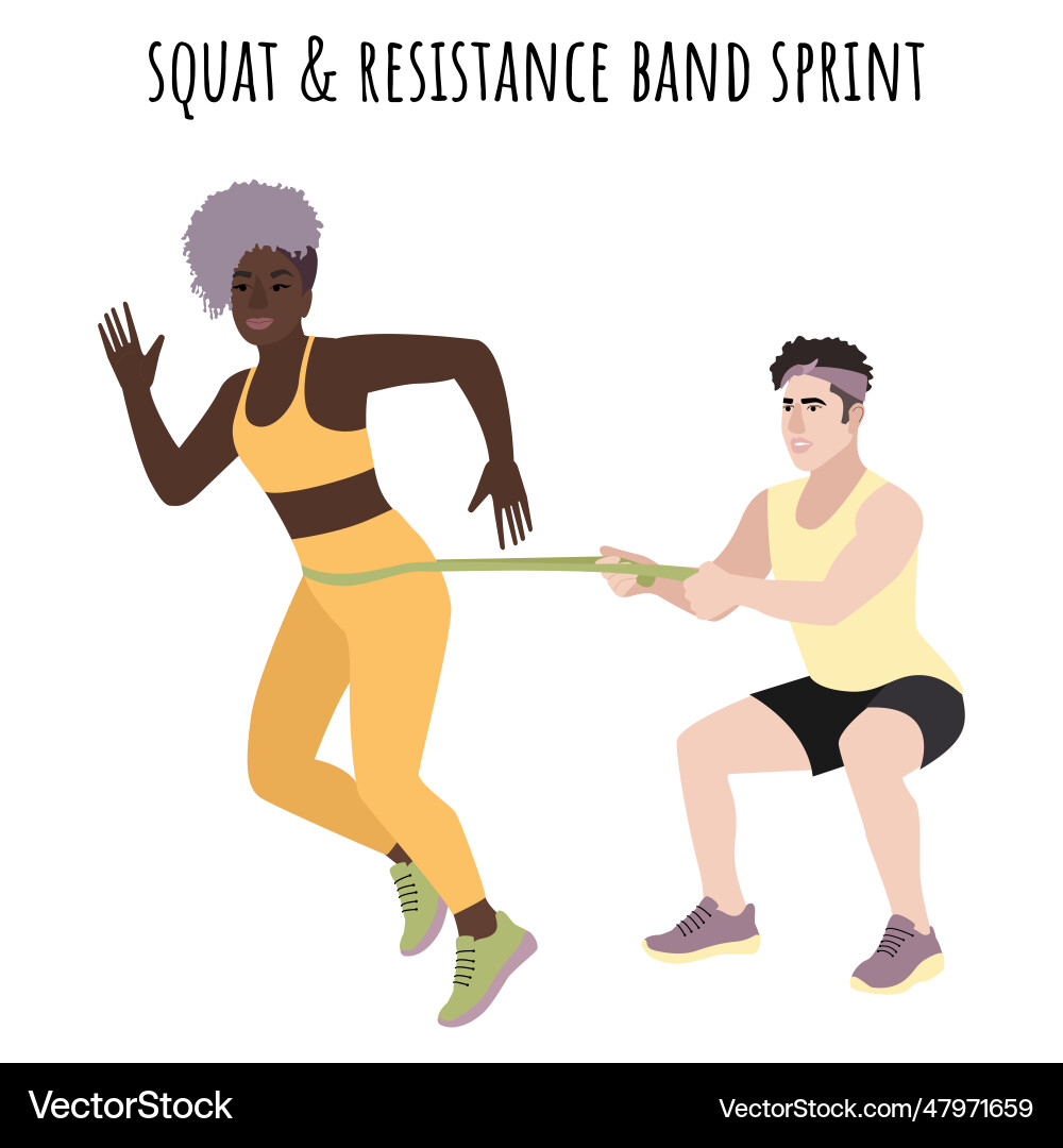 Squat and resistance band sprint partner workout Squat and resistance band sprint partner workout vector image