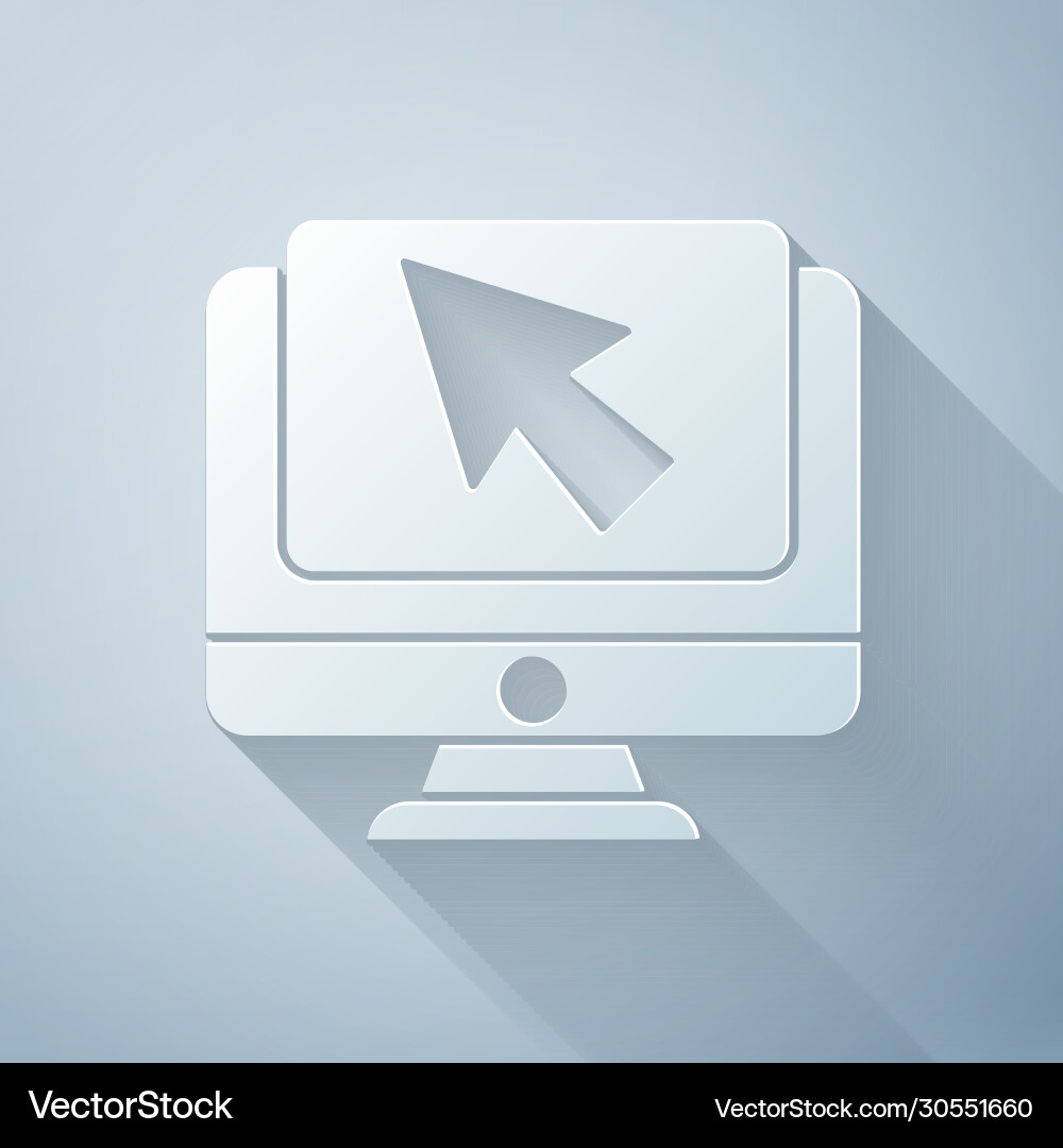 Paper cut computer monitor and cursor icon Paper cut computer monitor and cursor icon vector image