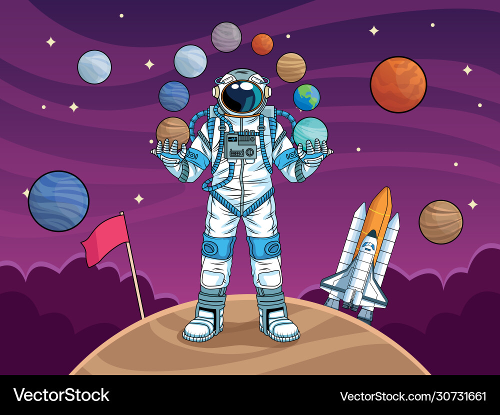 Astronaut with rocket and planets in space Vector Image