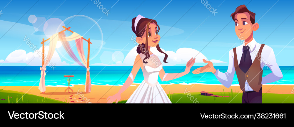 Beach wedding ceremony with newlywed couple Beach wedding ceremony with newlywed couple vector image