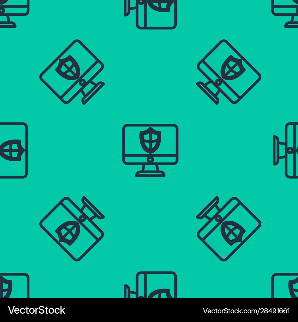 Blue line computer monitor and shield icon Blue line computer monitor and shield icon vector image