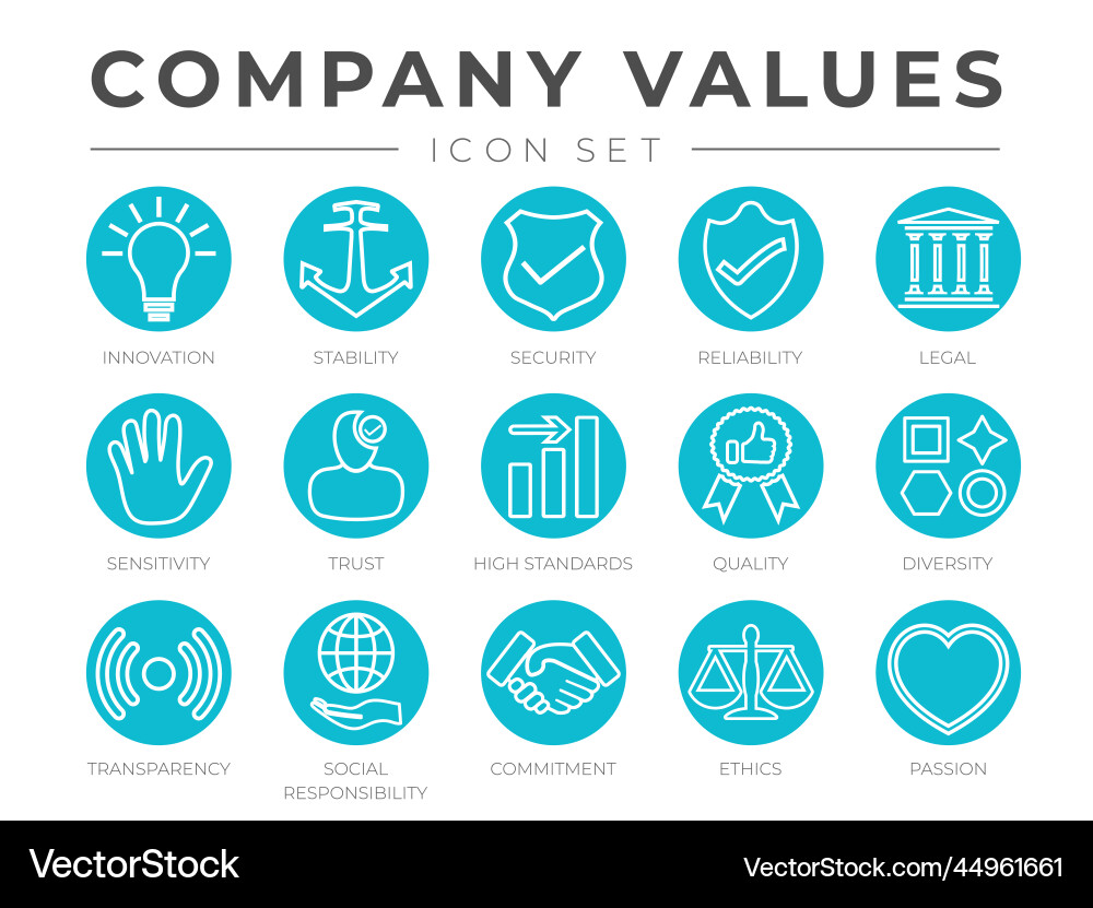 Company core values round outline icon set Company core values round outline icon set vector image