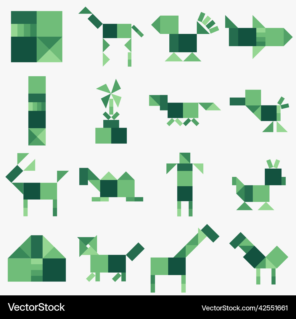 Tangram puzzle game schemes with different objects Vector Image