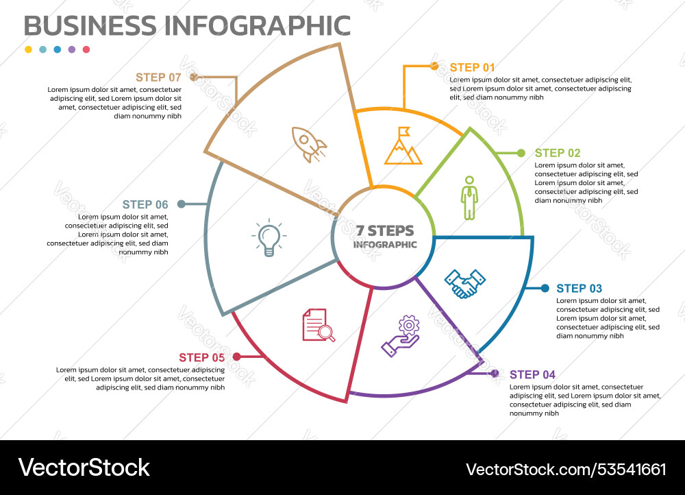Visual data presentation cycle diagram with 7 Visual data presentation cycle diagram with 7 vector image