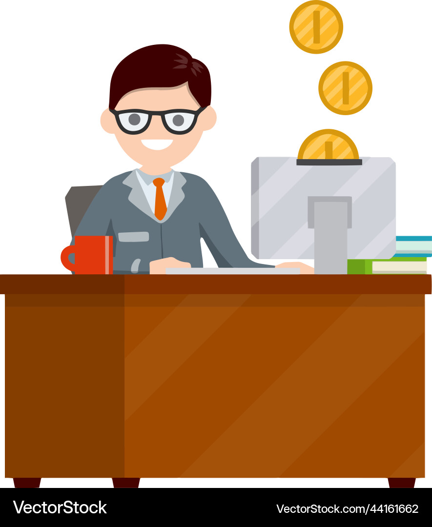 Man sitting at table with computer Man sitting at table with computer Vector Image