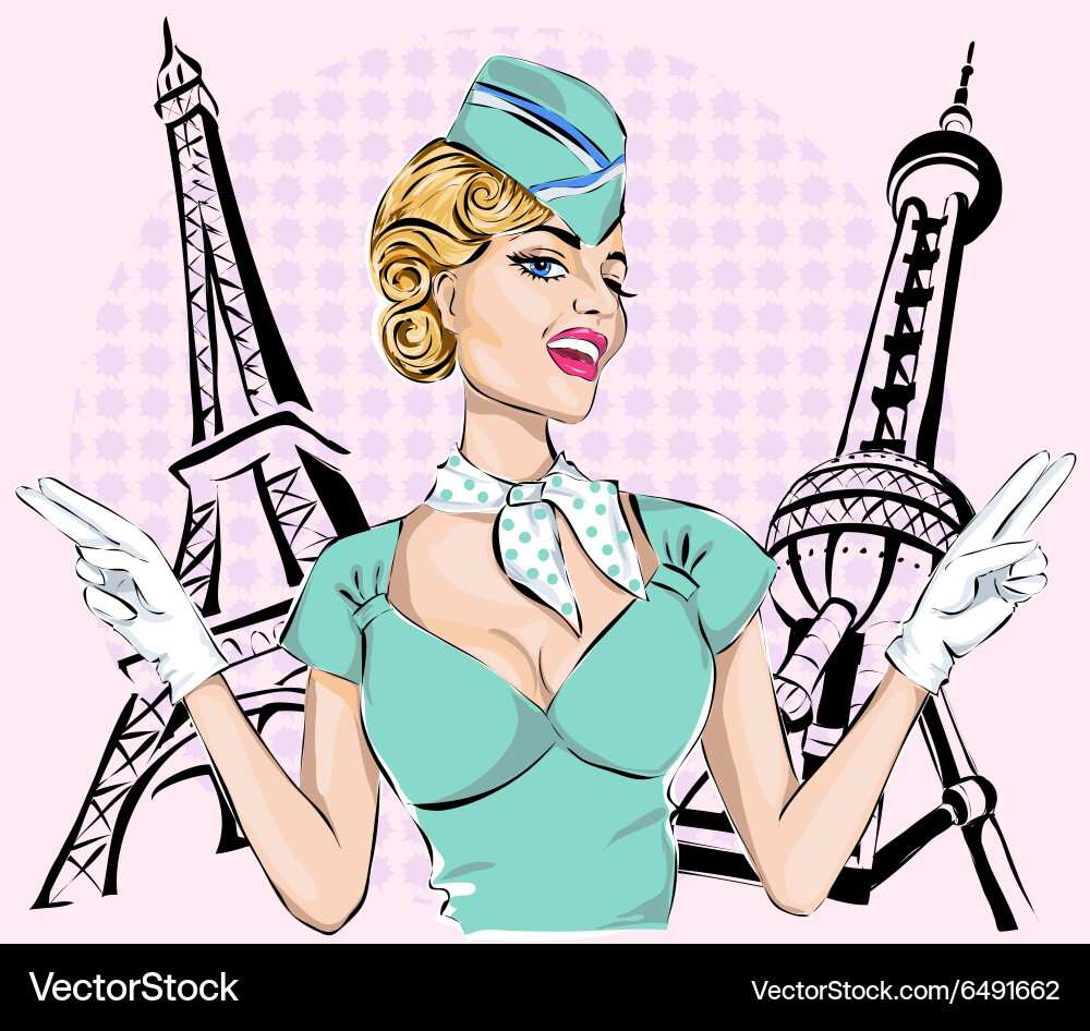 Retro Stewardess with Eiffel Tower vector image