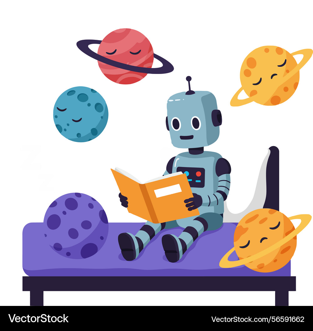 Robot reading book on bed with colorful planets Vector Image