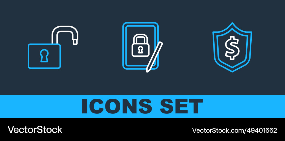 Set line shield with dollar open padlock Set line shield with dollar open padlock vector image