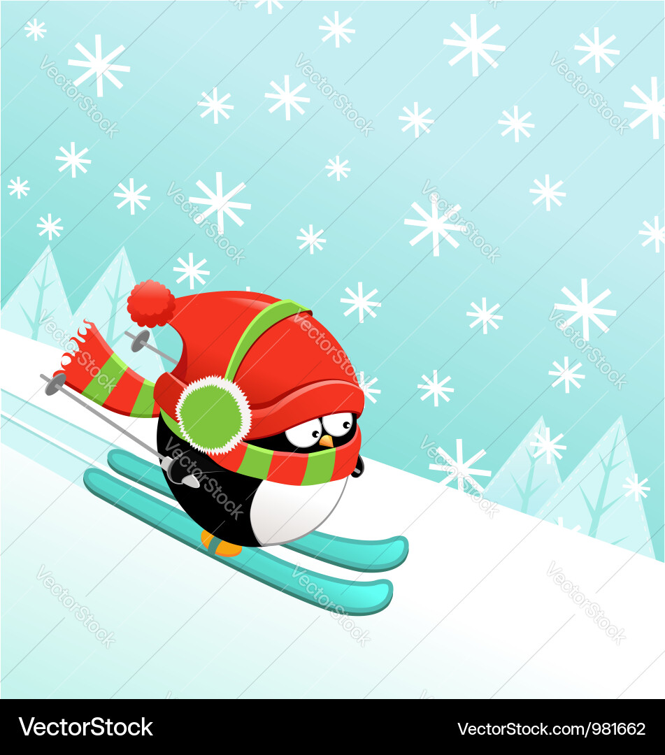 Skiing Penguin on a Snowy Hill vector image