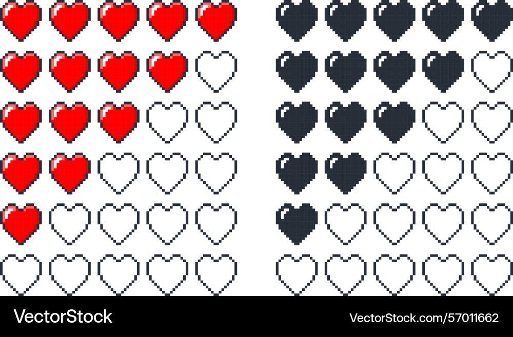 Strip health points in shape of pixel heart 8 bit vector image